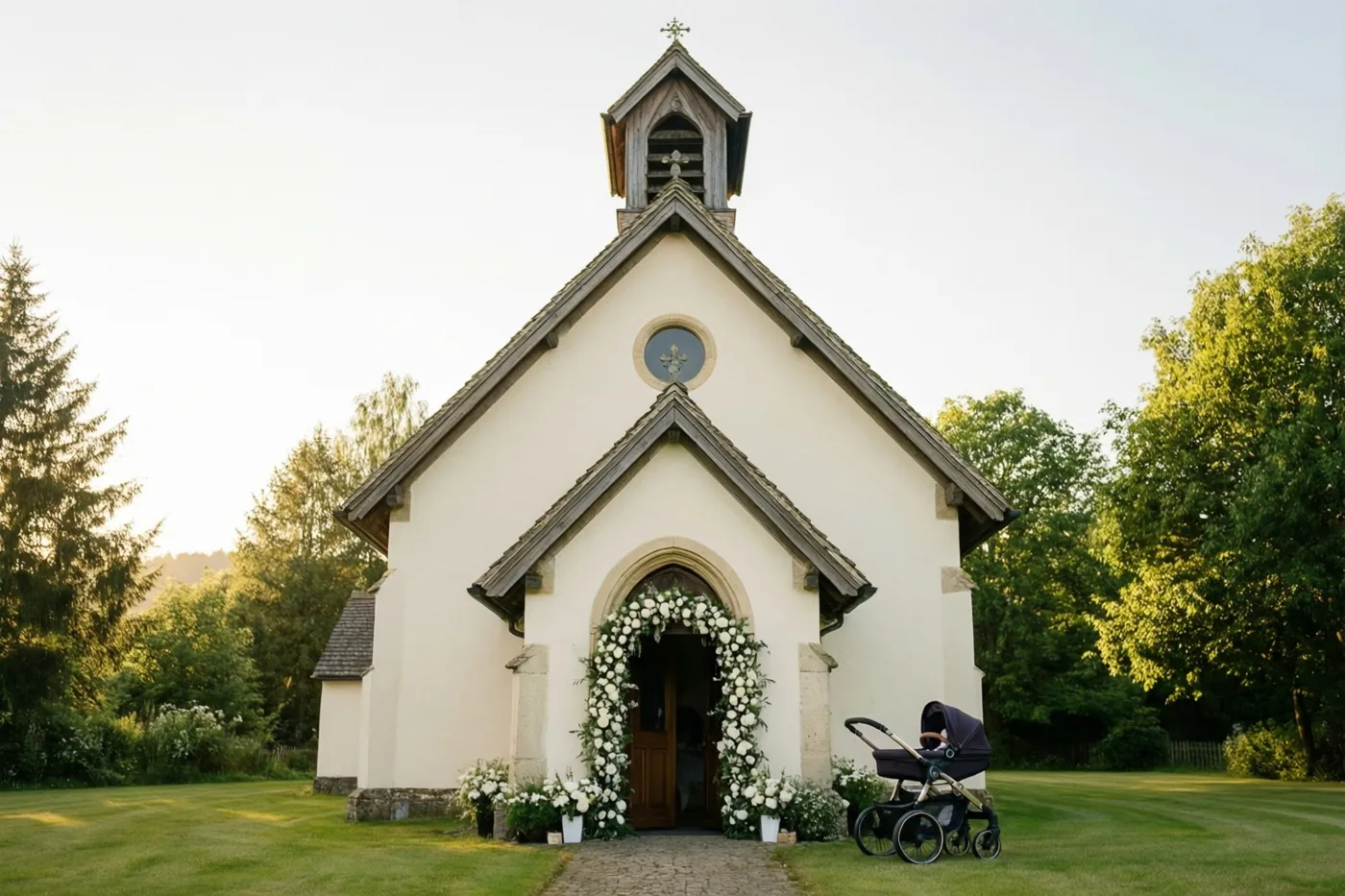 Een dorpskerkje met een witte gepleisterde gevel en een houten klokkentoren staat tussen gras en bomen, met witte bloemen rond de boogvormige ingang en een donkere kinderwagen naast de deur.