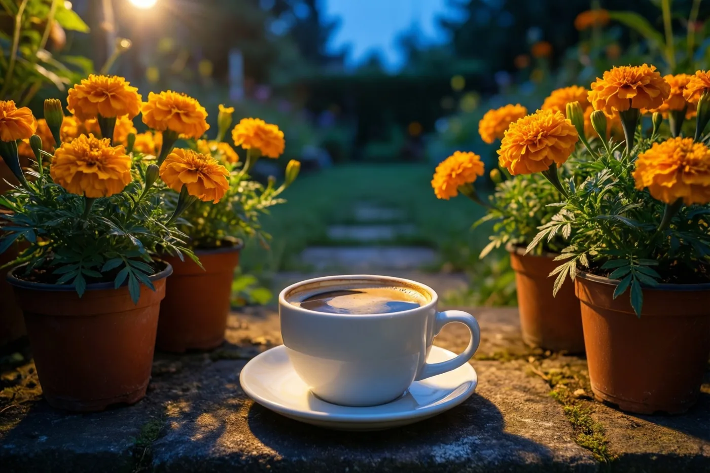 Een wit koffiekopje staat op een stenen tuintrede tussen afrikaantjes in potten, met vroeg zonlicht en een zachtblauwe achtergrond.
