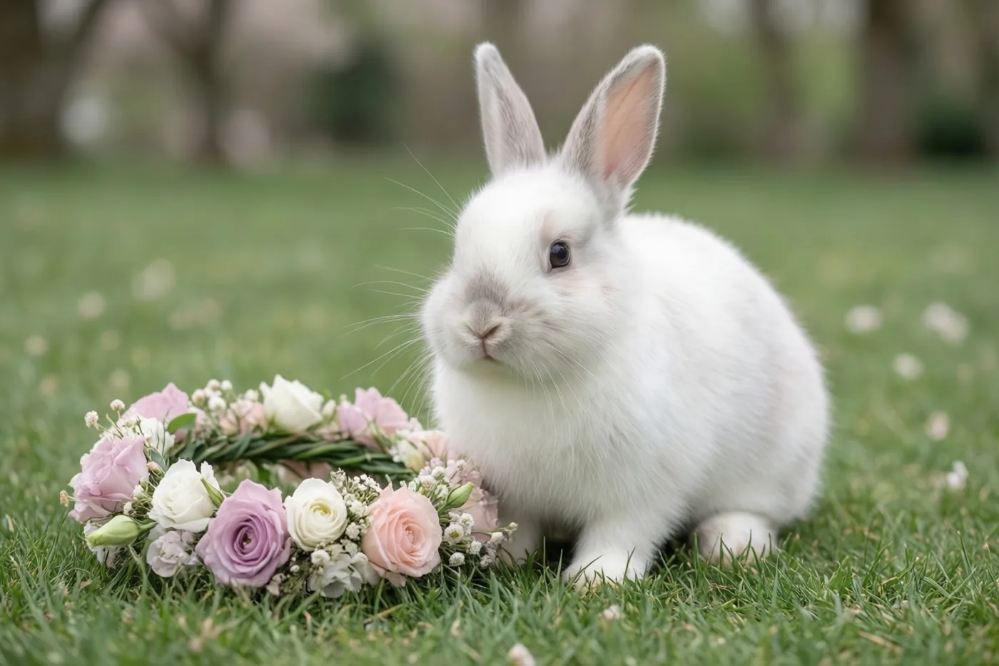 Een wit konijn zit op groen gras naast een krans van roze en witte rozen in een lentetuin met een zacht vervaagde achtergrond.
