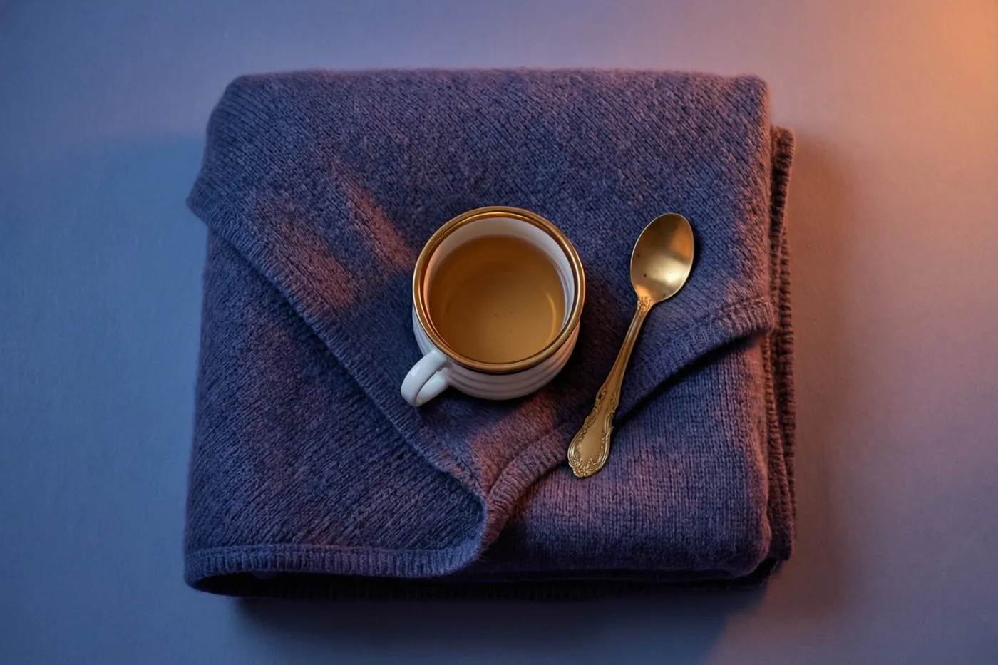 Een wit kopje met gouden rand en een gouden lepel staan op een opgevouwen blauw gebreid deken tegen een achtergrond met een blauw-oranje kleurverloop.