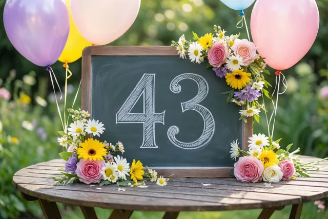 Een krijtbord met 43 in wit krijt staat op een houten tuintafel tussen kleurrijke bloemen en ballonnen in een zonnige tuin.