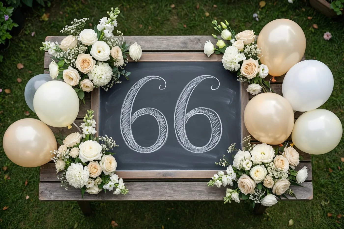 Een krijtbord met het getal 66 in sierlijk wit krijt staat tussen bloemstukken en ballonnen op een houten tuintafel op groen gras.