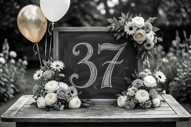 Een krijtbord met 37 in wit krijt staat tussen bloemstukken en twee ballonnen op een houten tuintafel in een grotendeels zwart-wit beeld met enkele kleuraccenten.