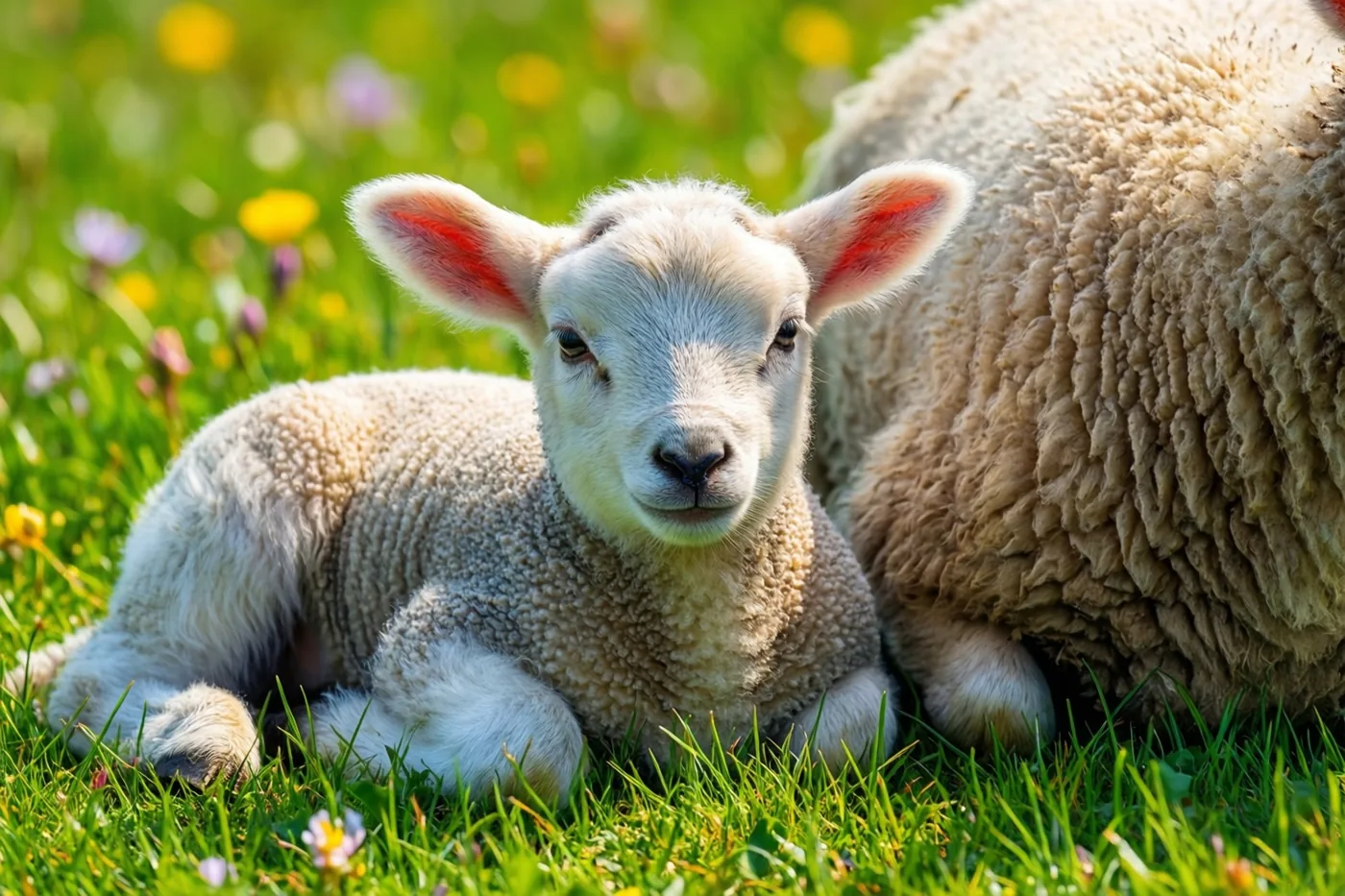 Een wit wollig lam ligt in felgroen gras naast een deels zichtbaar schaap en kijkt naar de camera, met wazige kleurrijke bloemen op de achtergrond.