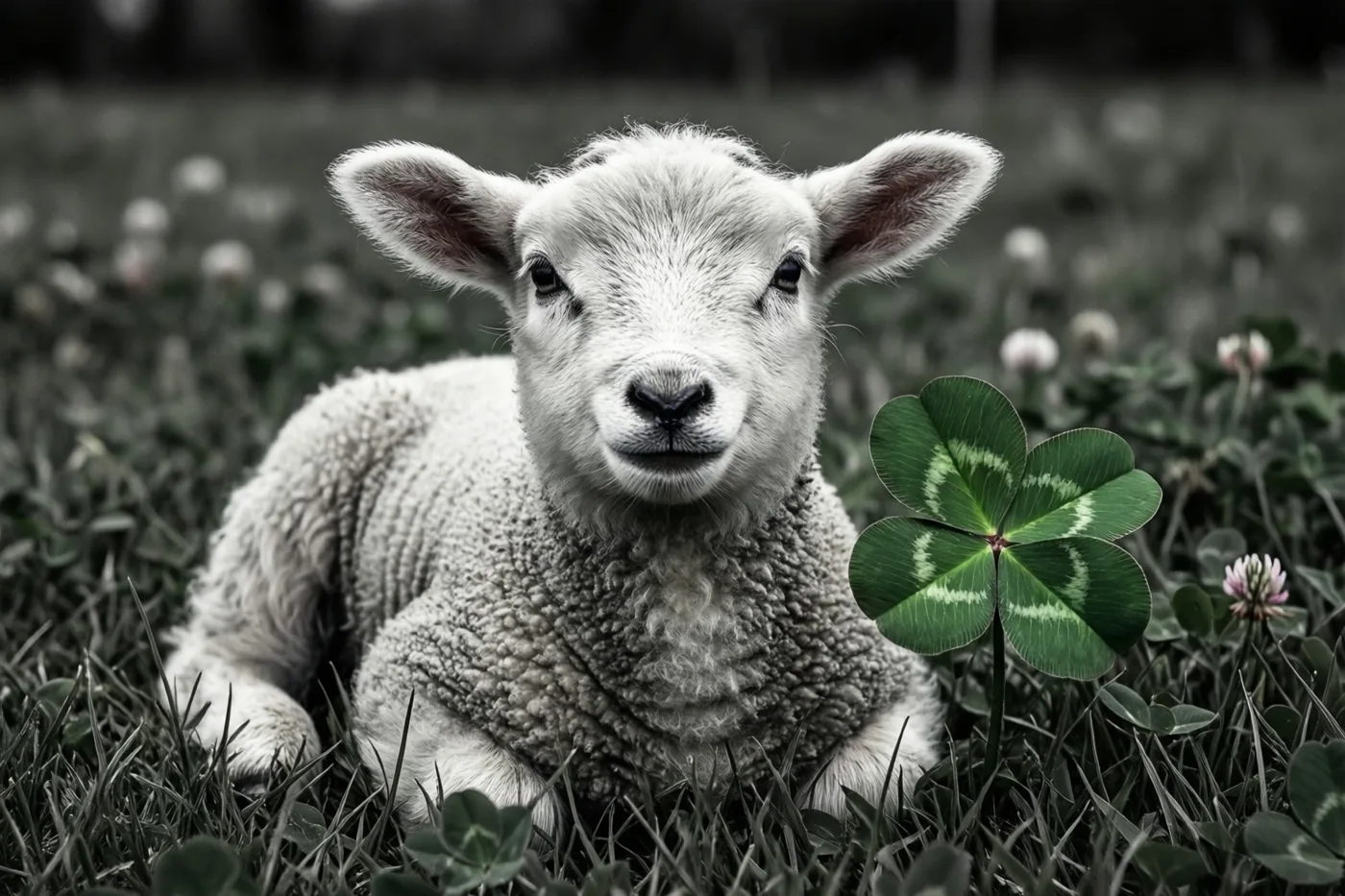 Een jong wit lam ligt in een grasveld met klaver en kijkt recht in de camera, in een vrijwel monochroom beeld met één felgroen klavertjevier op de voorgrond.