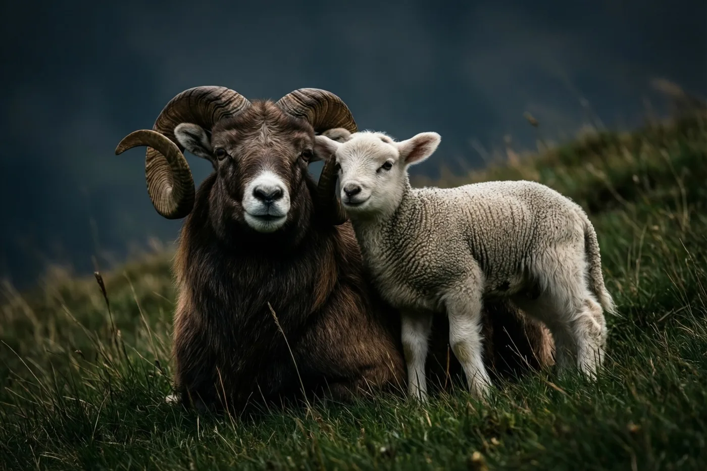 Een grote bruine ram met gebogen hoorns zit op een grasheuvel met een klein wit lam tegen zich aan, in een omgeving met gedempte groene en donkere tinten.