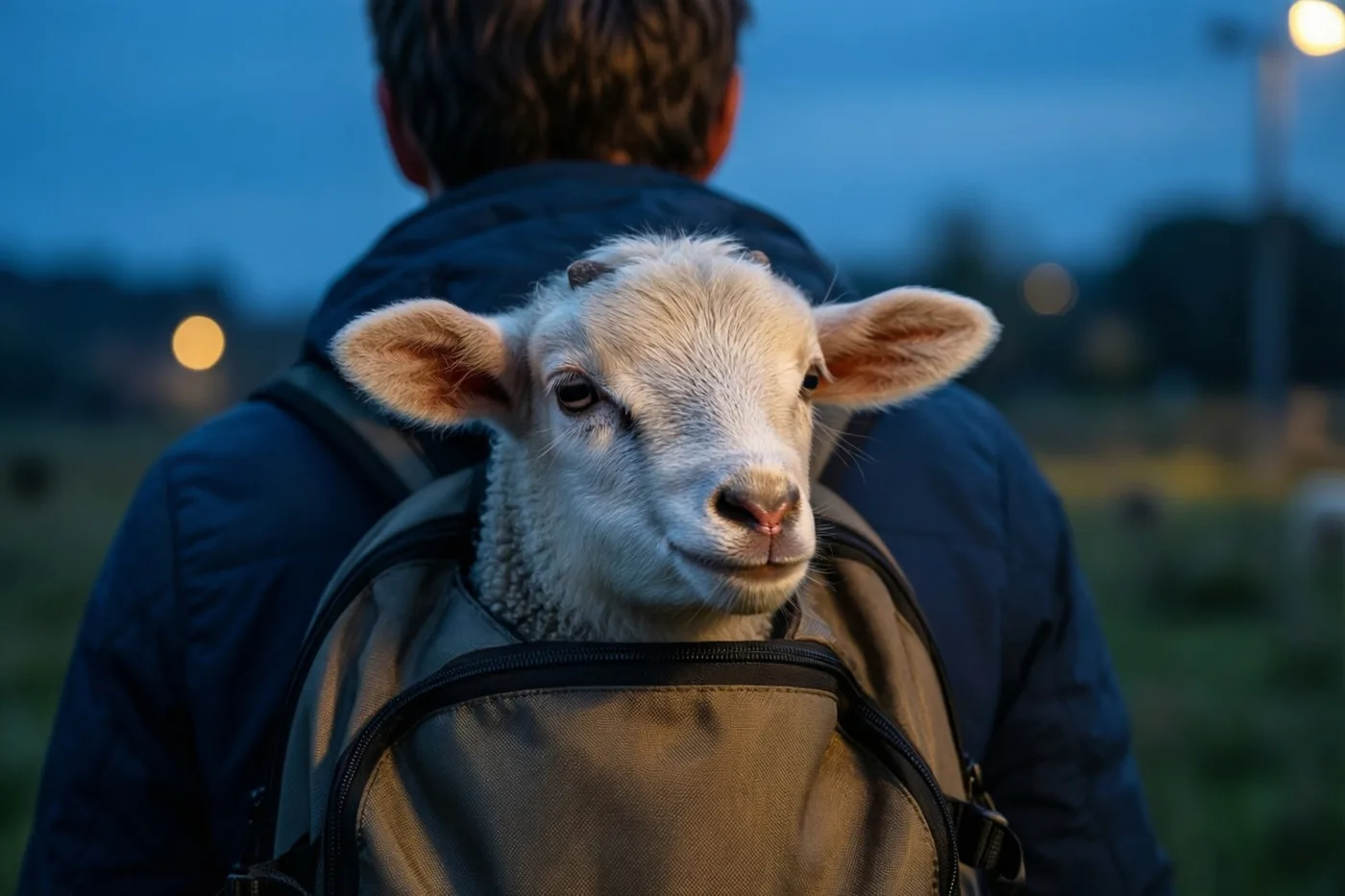 Een klein wit lammetje kijkt boven uit de rugzak van een weglopende persoon, van achteren gezien bij schemering met een blauwe lucht en onscherpe warme lichten.