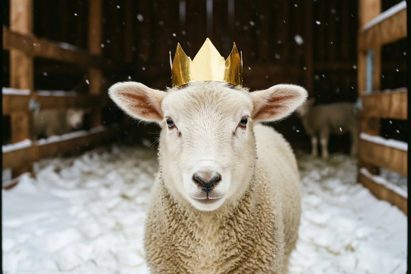 Een wit lammetje met een kleine gouden kroon staat in een houten stal met sneeuw op de grond en vallende sneeuwvlokken.