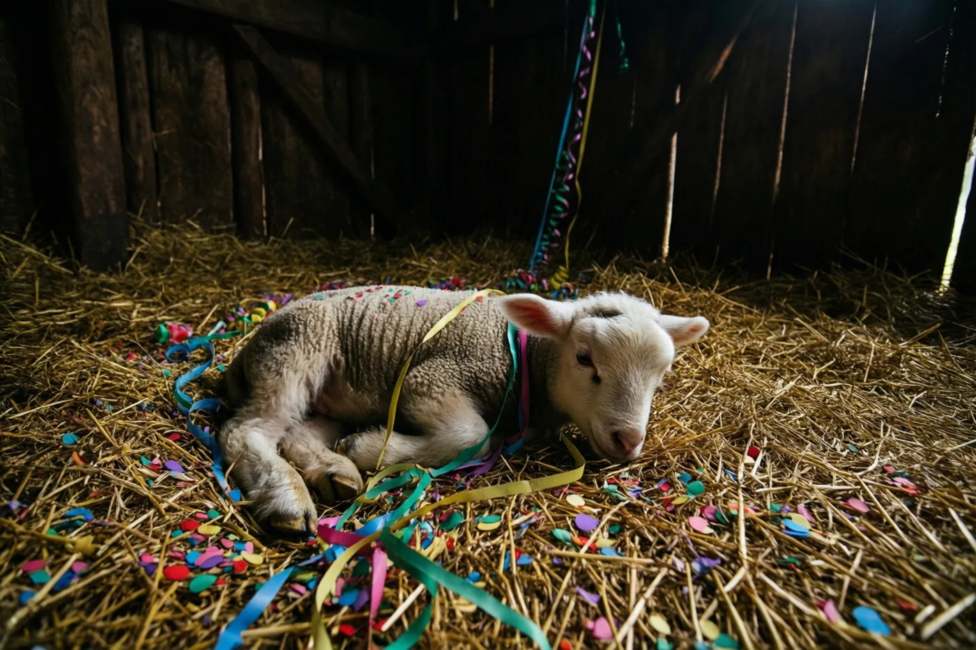 Een klein wit lammetje slaapt op een bed van stro in een donkere houten schuur tussen kleurrijke serpentines en confetti in warm licht.