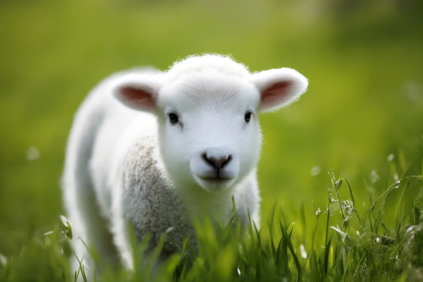 Een wollig wit lammetje staat in een felgroene lenteweide.
