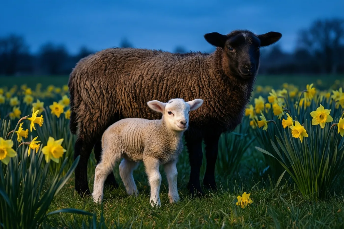 Een klein wit lam staat naast zijn moeder met donkere vacht in een grasveld vol gele narcissen onder een schemerblauwe lucht.