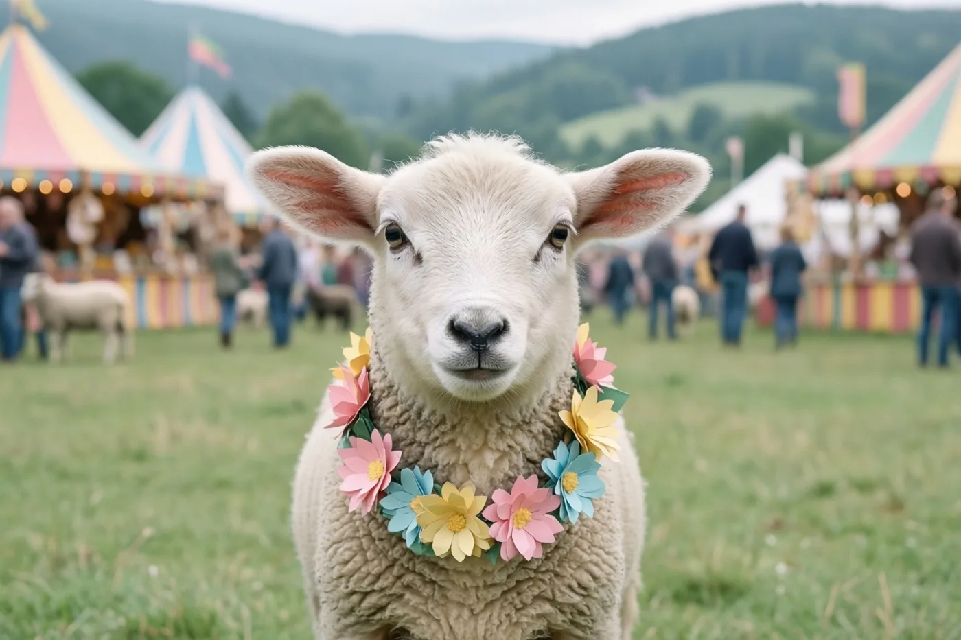 Een wit lammetje met een slinger van kleurrijke papieren bloemen staat in een grasveld bij een dorpscarnaval, met tenten en mensen op de achtergrond.