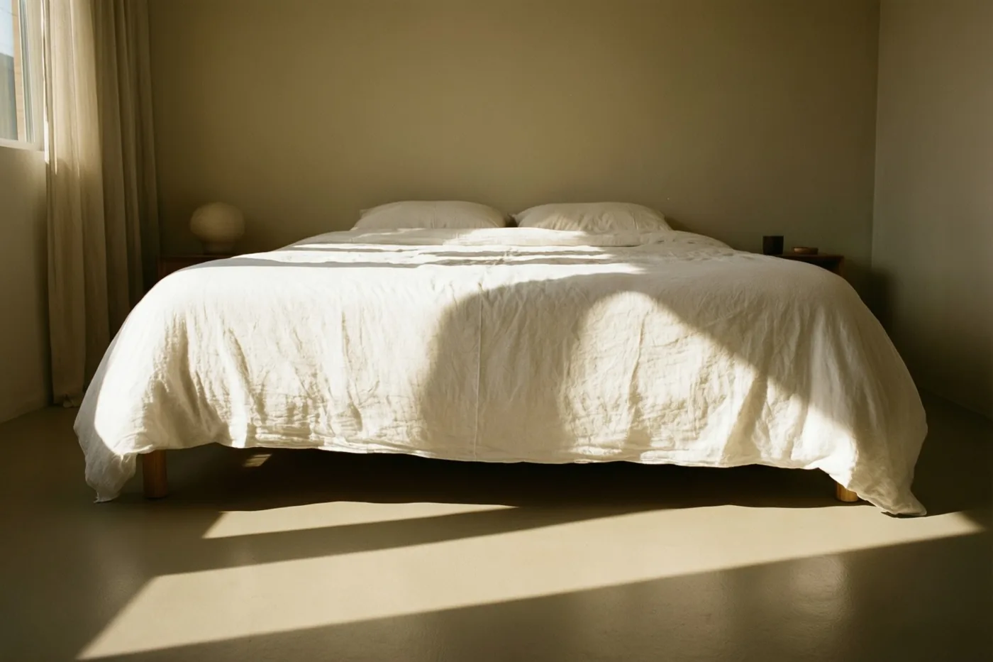De ochtendzon werpt lange schaduwen over de vloer van een minimalistische slaapkamer met beige muren, houten meubels en een bed met wit linnen.