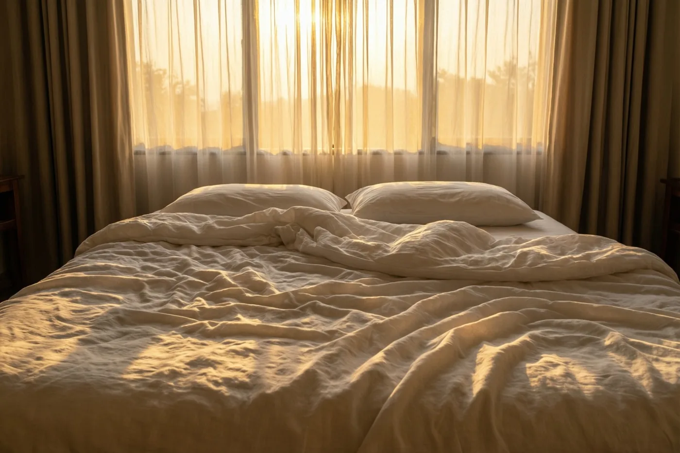 Goudkleurig ochtendlicht valt door doorschijnende gordijnen op een bed met verkreukelde witte linnen lakens in een slaapkamer met warme, zachte tinten.