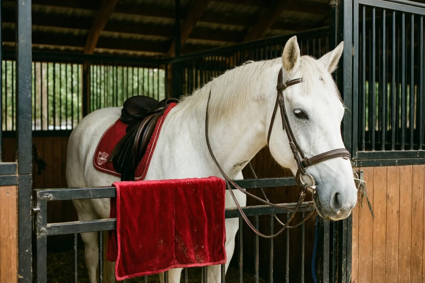 Een wit paard met een hoofdstel staat in een houten stalbox achter een metalen stang met een rood zadeldek, met groen zichtbaar tussen de spijlen.