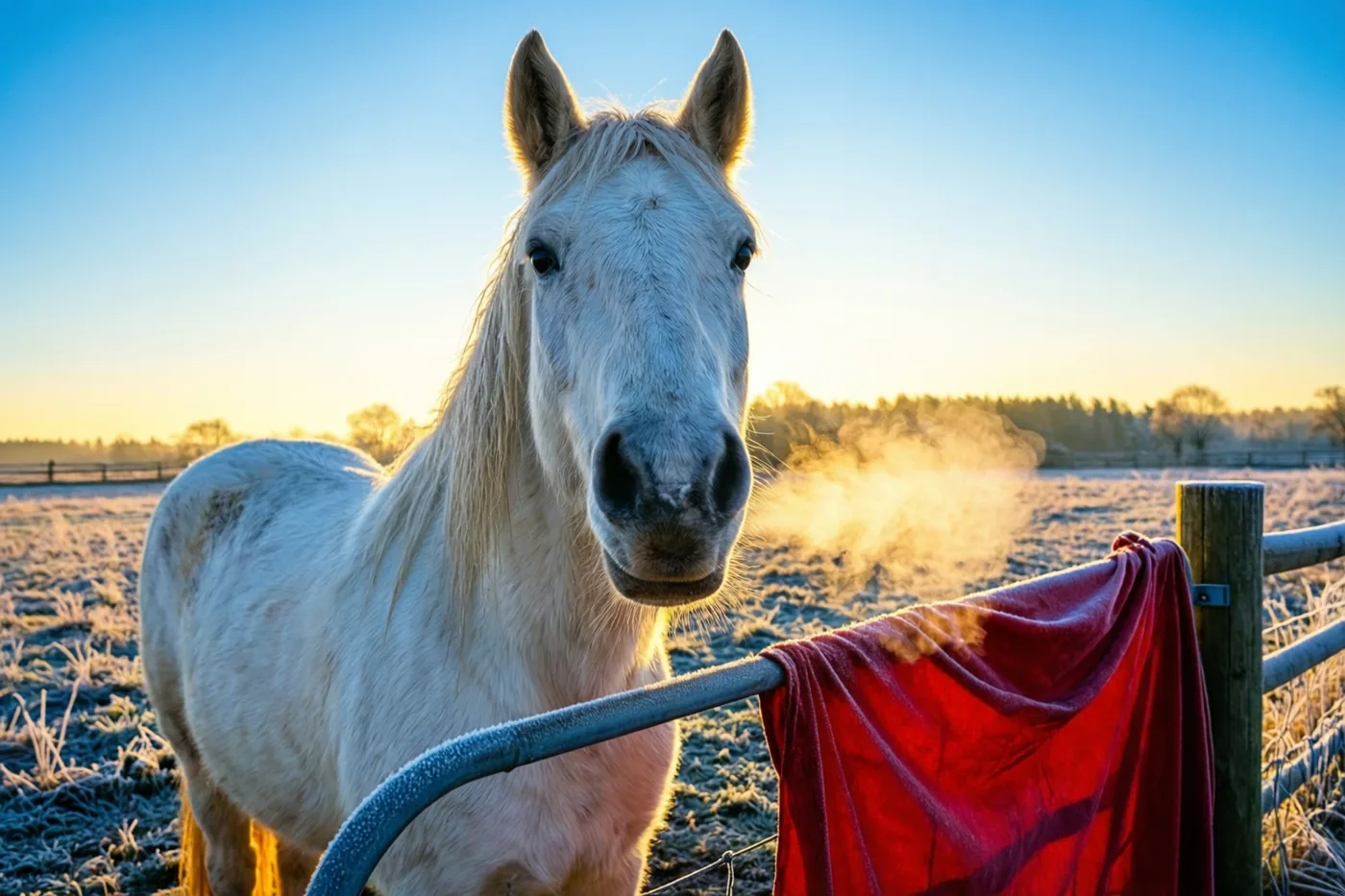 Een wit paard met dampende adem staat bij dageraad in een berijpte weide, met een rode cape over een hek op de voorgrond en blauwe en gouden tinten in het landschap.