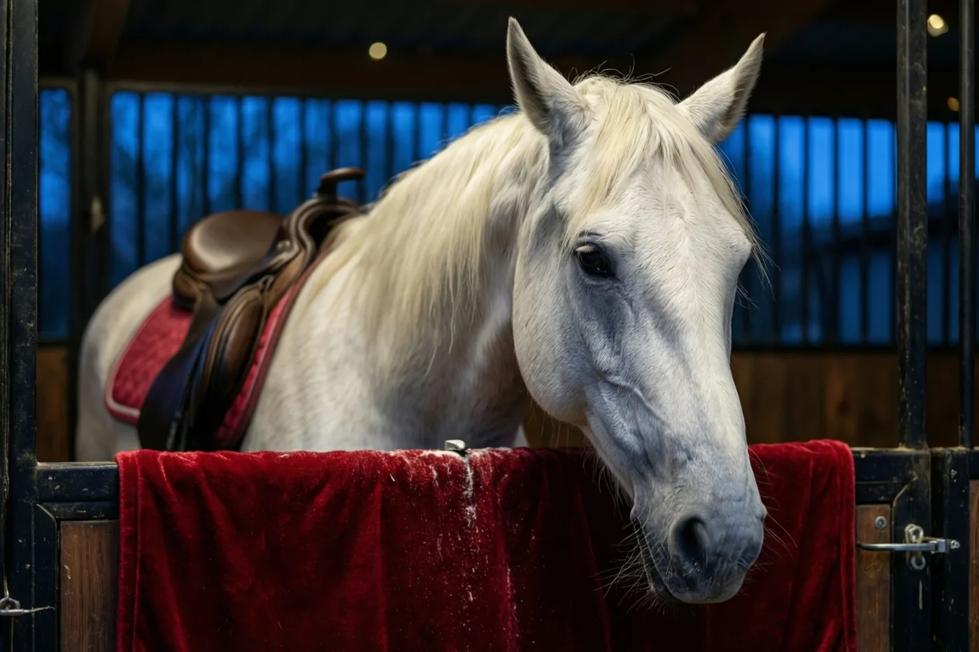 Een wit paard met een bruin zadel en rood zadeldek houdt zijn hoofd over een met rood fluweel bedekte stang in een donkerhouten stal met blauwe verlichting.
