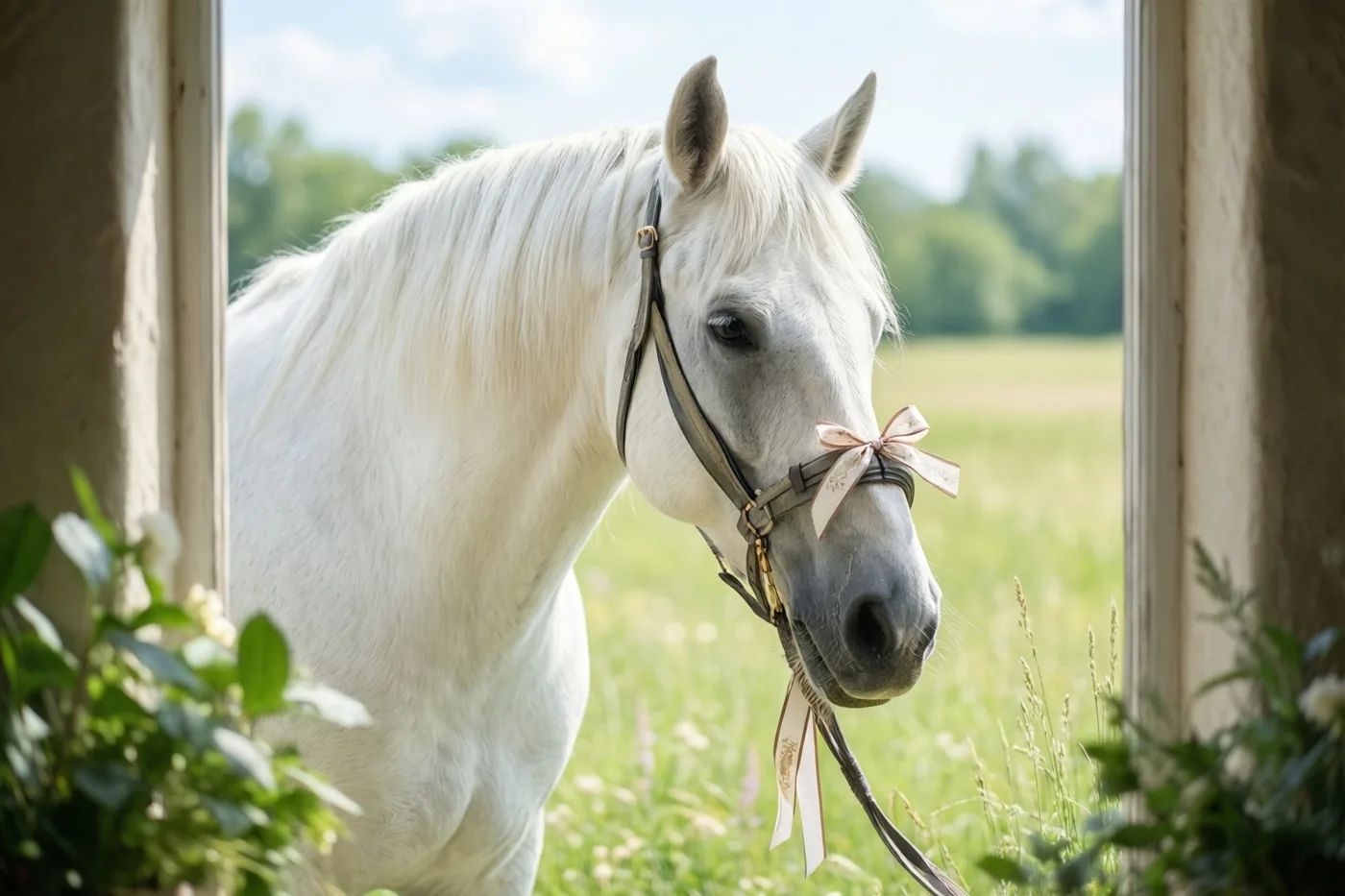 Door een raam is een wit paard met een sierlint aan zijn hoofdstel te zien dat naar een zonnige weide kijkt, omringd door groen.