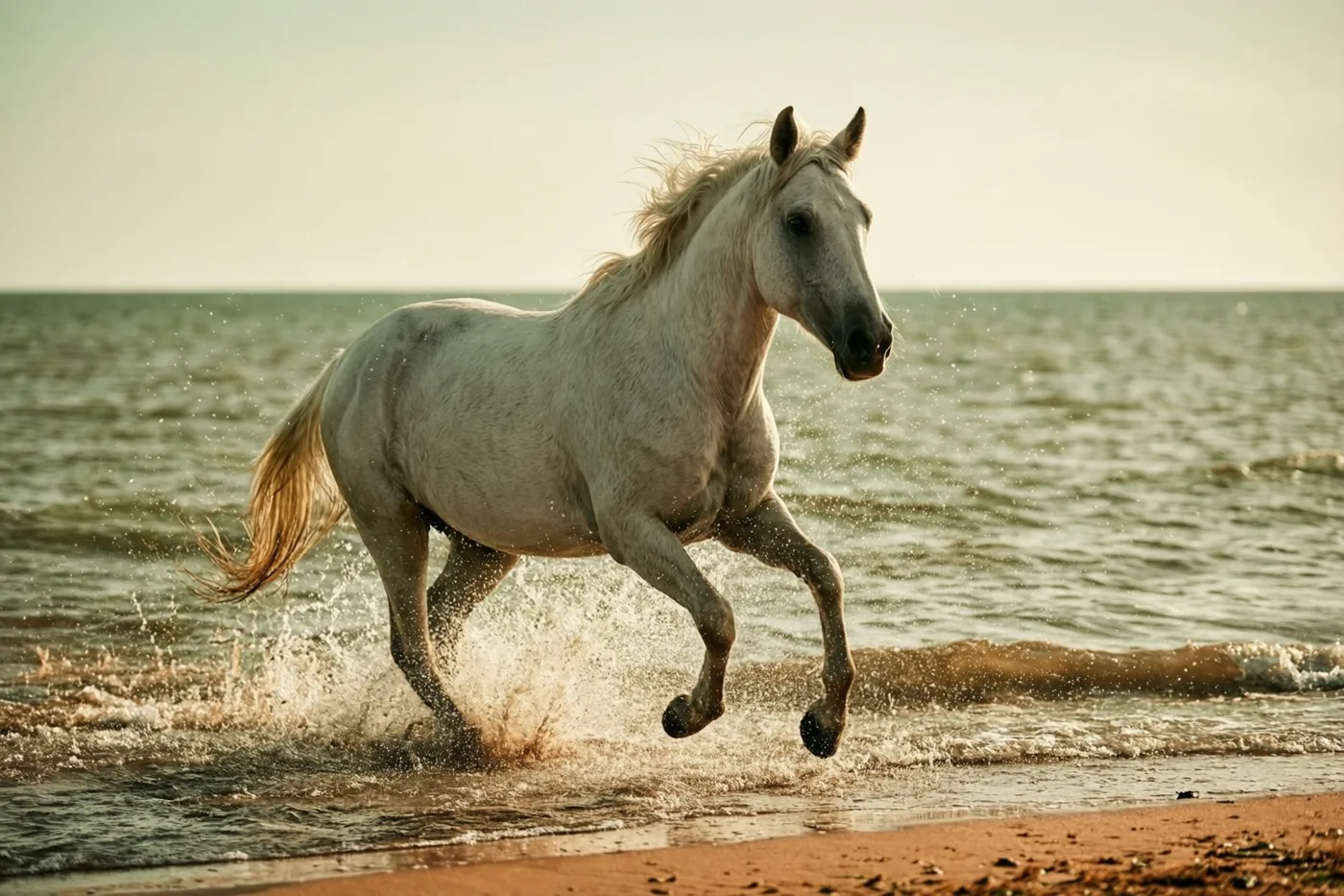 Een wit paard galoppeert langs een zandige kustlijn door opspattend ondiep water, onder een heldere, bleke hemel met de zee tot aan de horizon.