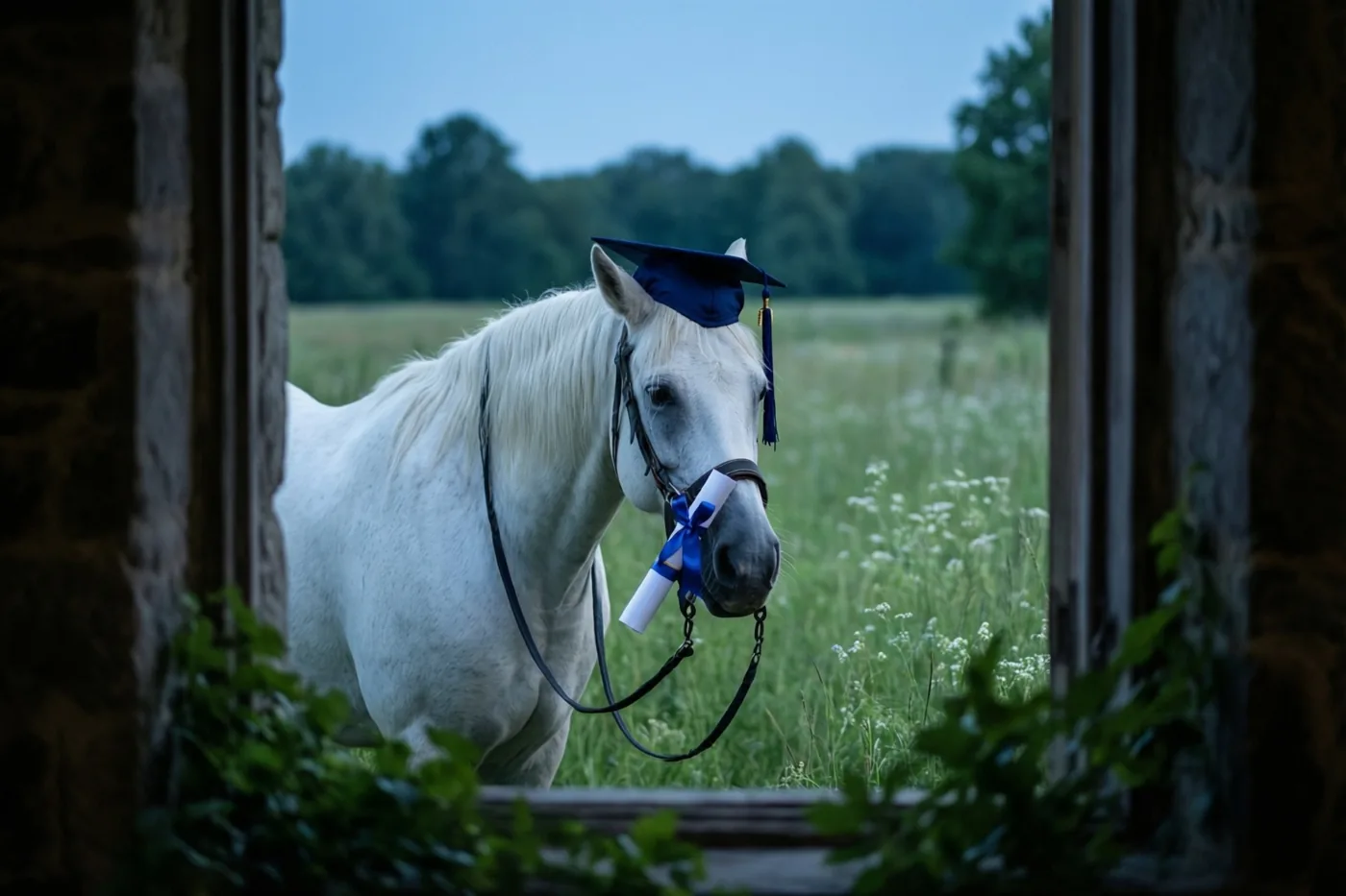 Een wit paard met een blauwe afstudeerhoed en een diplomalint aan zijn halster staat in een zomerweide, gezien door een stenen opening met velden, bomen en een lichtblauwe lucht erachter.