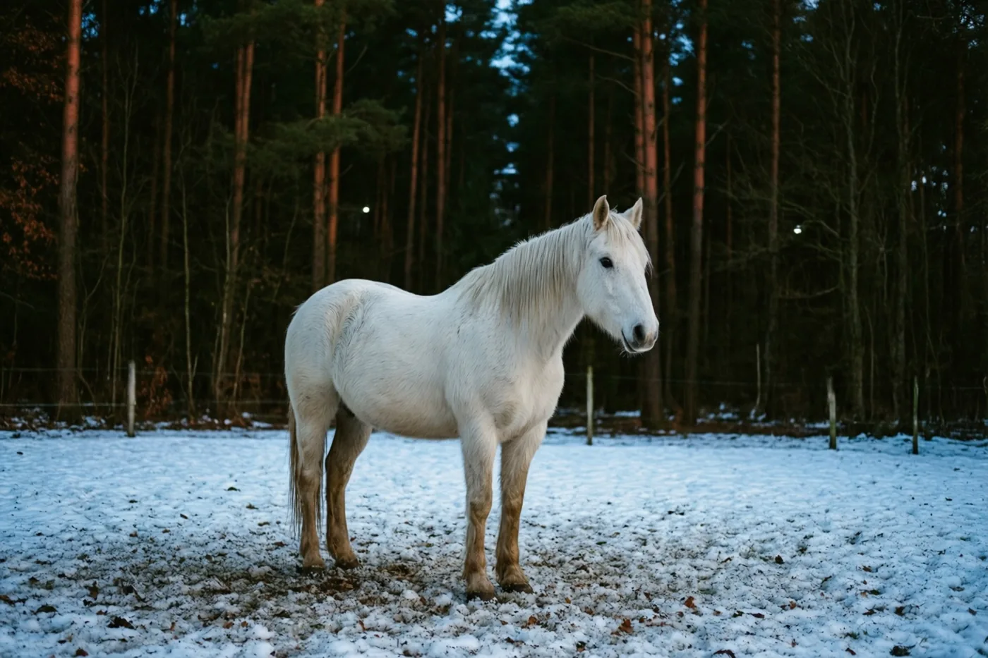 Een wit paard staat in een besneeuwde paddock voor een donker bos.