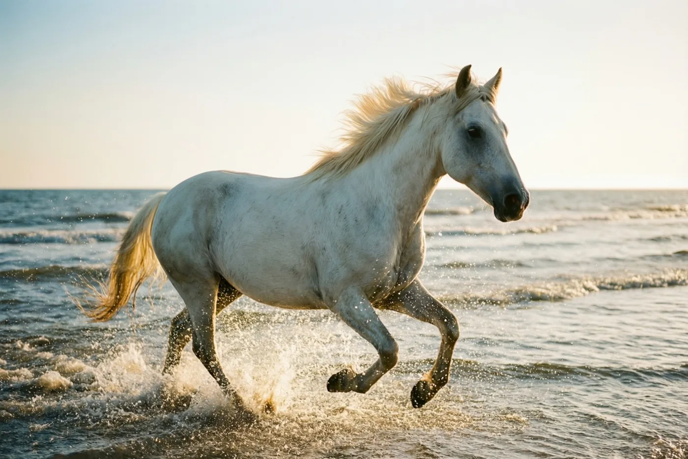 Een wit paard galoppeert met wapperende manen en staart door ondiep water langs de kust, terwijl gouden zonlicht op zijn vacht en het water weerkaatst onder een heldere hemel.