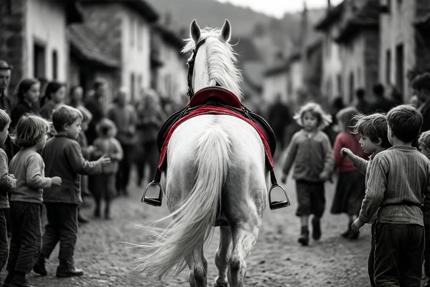 Op een zwart-witfoto met een rood kleuraccent kijken kinderen aan weerszijden van een kasseistraat naar een wit paard met een rood zadeldekje dat van de kijker weg draaft.