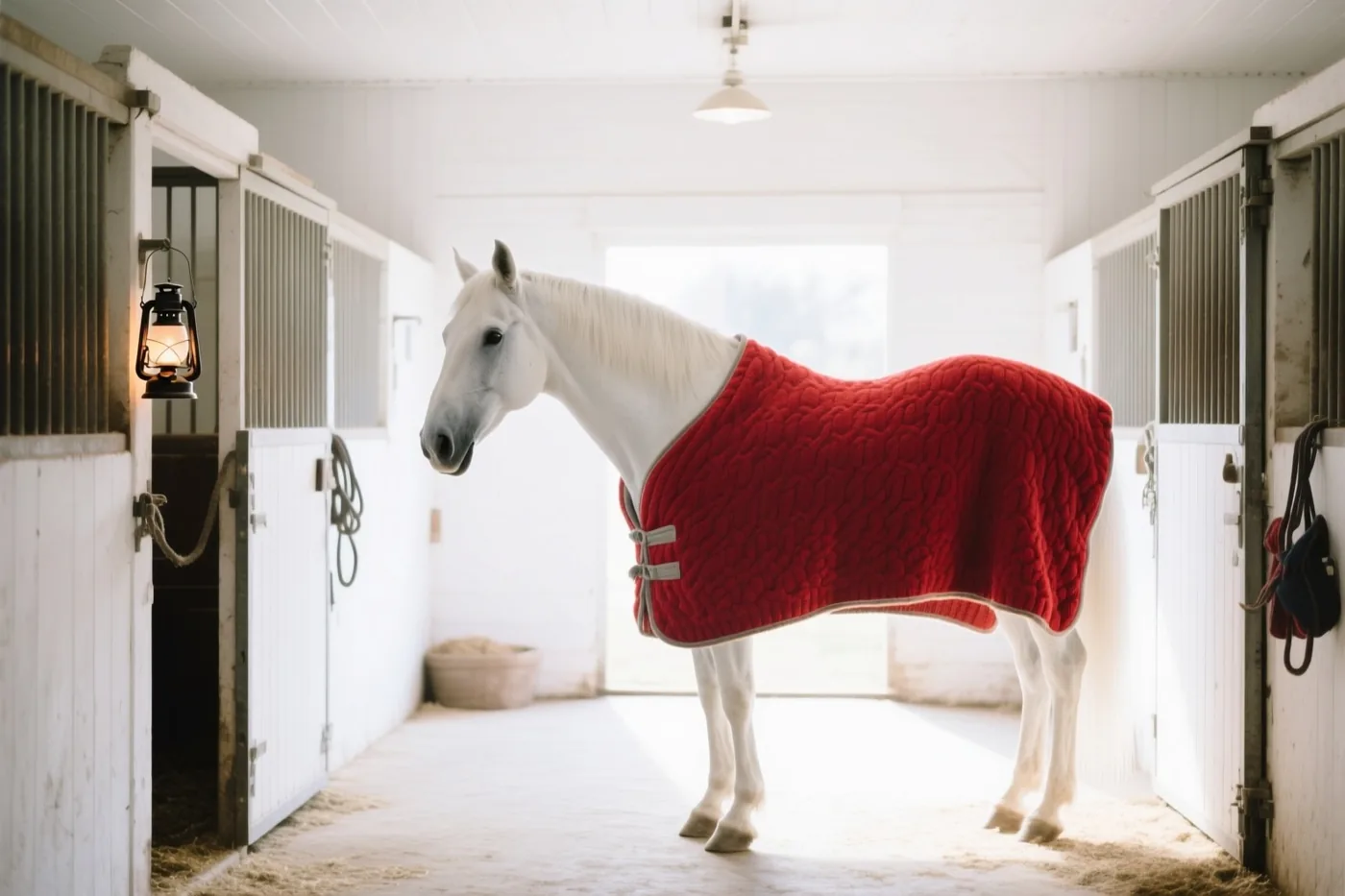 Een wit paard met een rode wollen deken staat in een stalgang, verlicht door een hangende lantaarn en daglicht uit een open deuropening.
