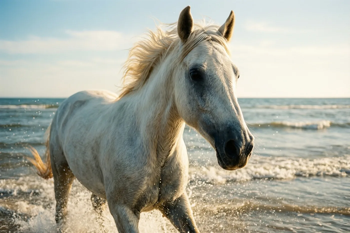 Een wit paard galoppeert door ondiep zeewater langs de kust onder een helderblauwe hemel, in warm zonlicht.