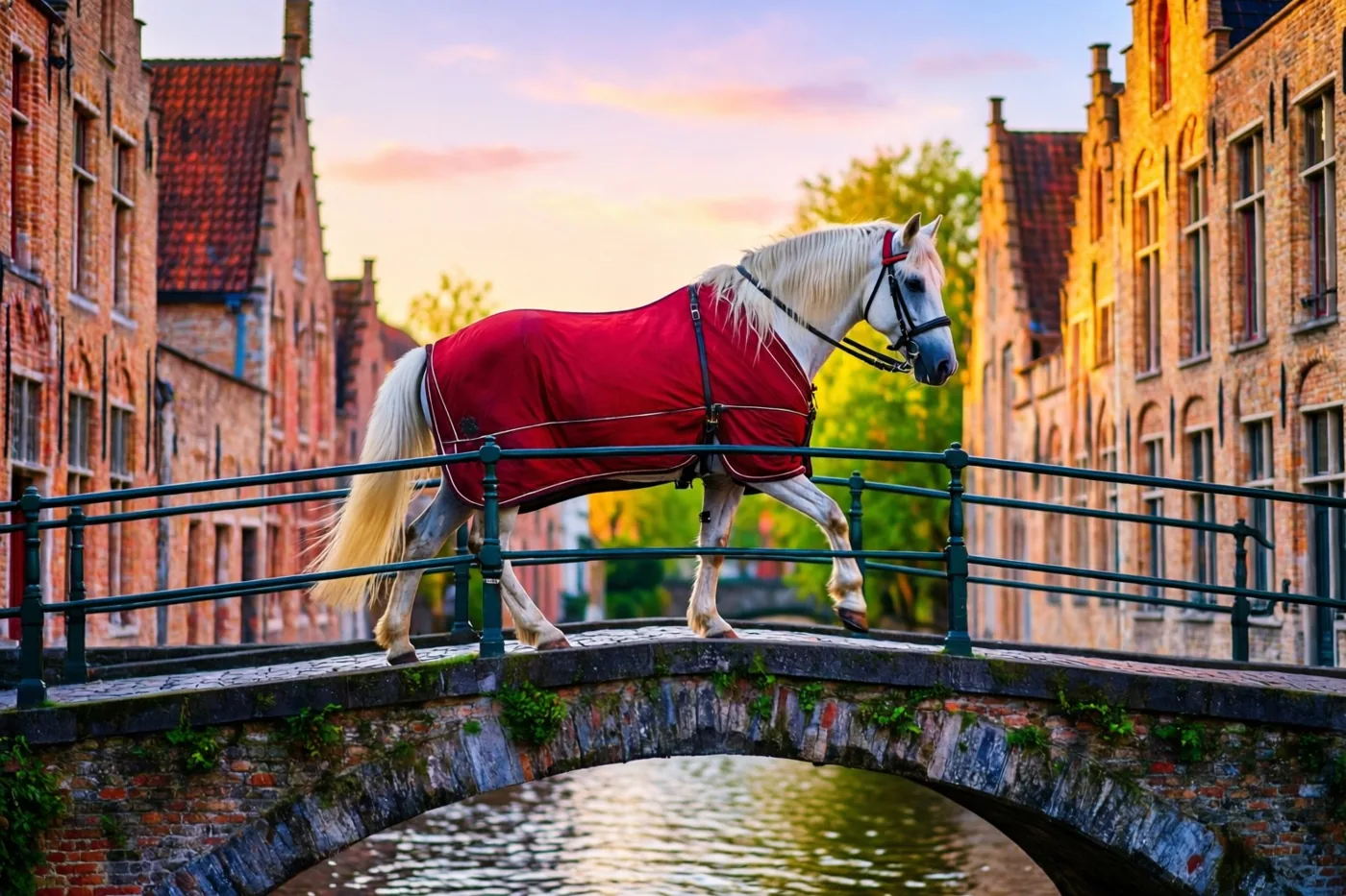 Een wit paard met een rode deken loopt over een stenen kanaalbrug in een oud Vlaams stadje, tussen bakstenen gebouwen in goudroze avondlicht.
