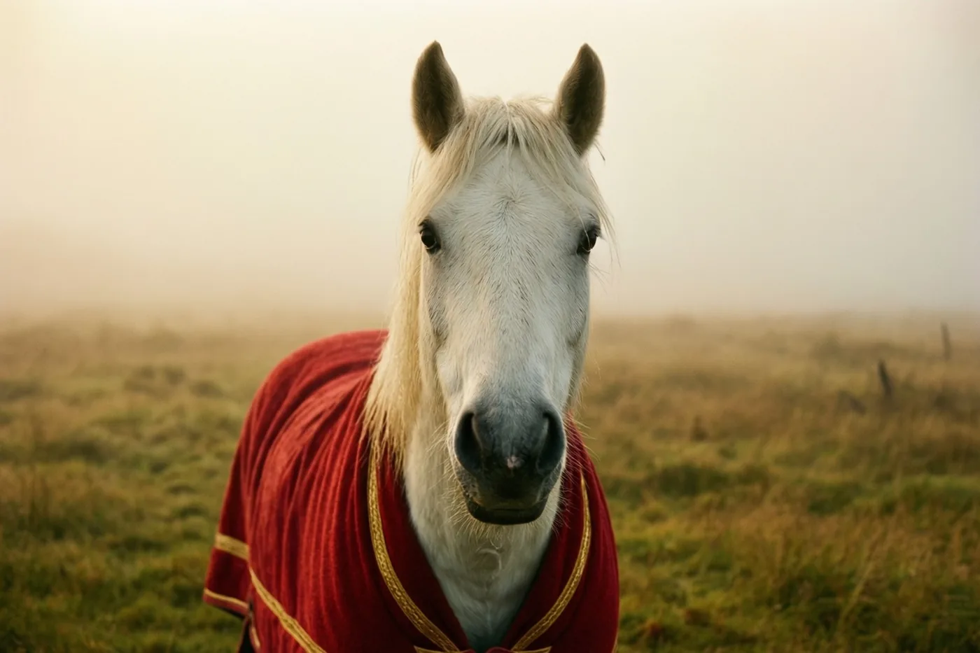 Een wit paard met een rode deken met gouden rand staat in een mistige weide en kijkt naar de camera, in zacht warm licht.
