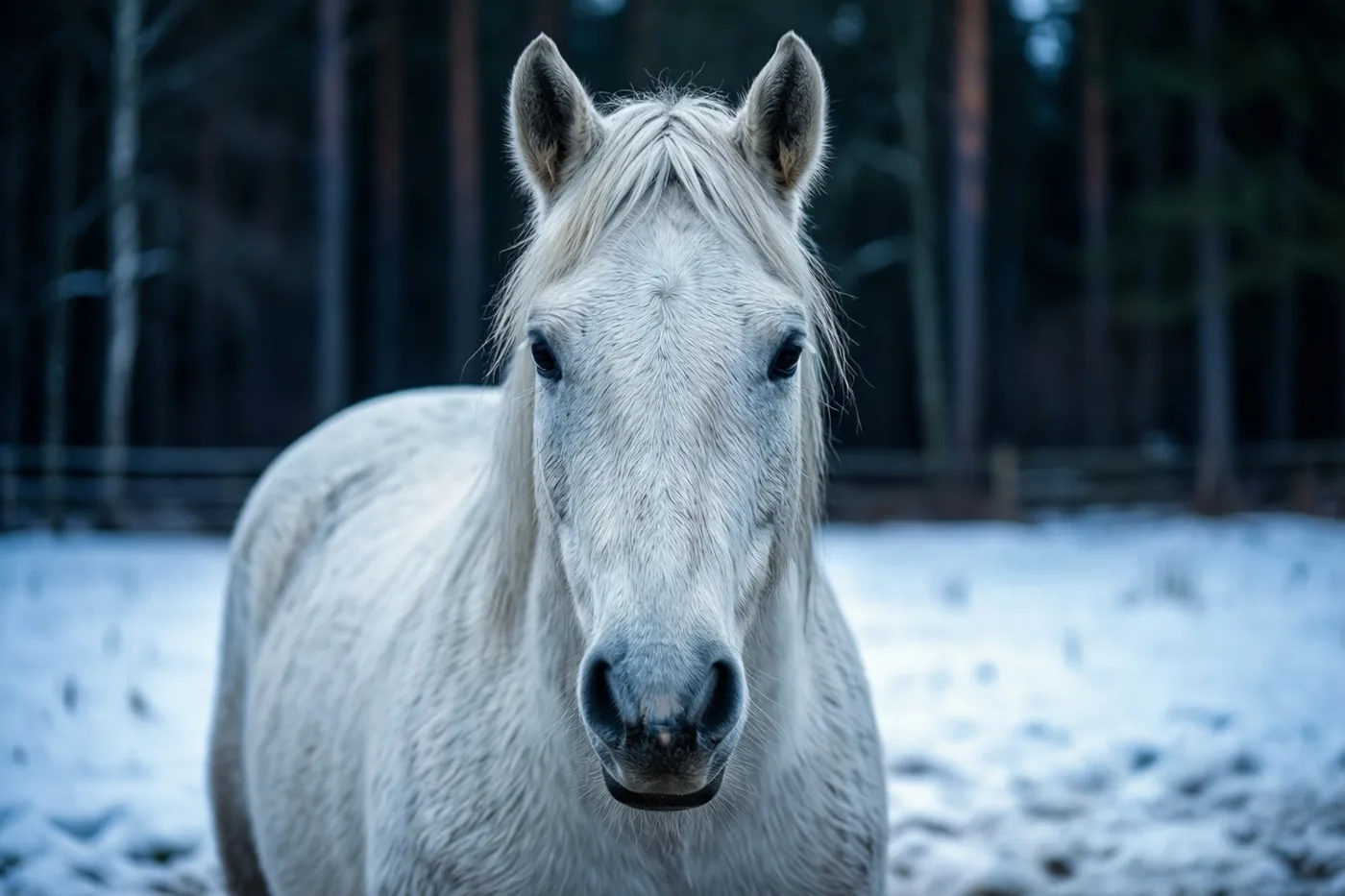 Een wit paard staat in een besneeuwde paddock en kijkt naar de camera, met een donker bos op de achtergrond.