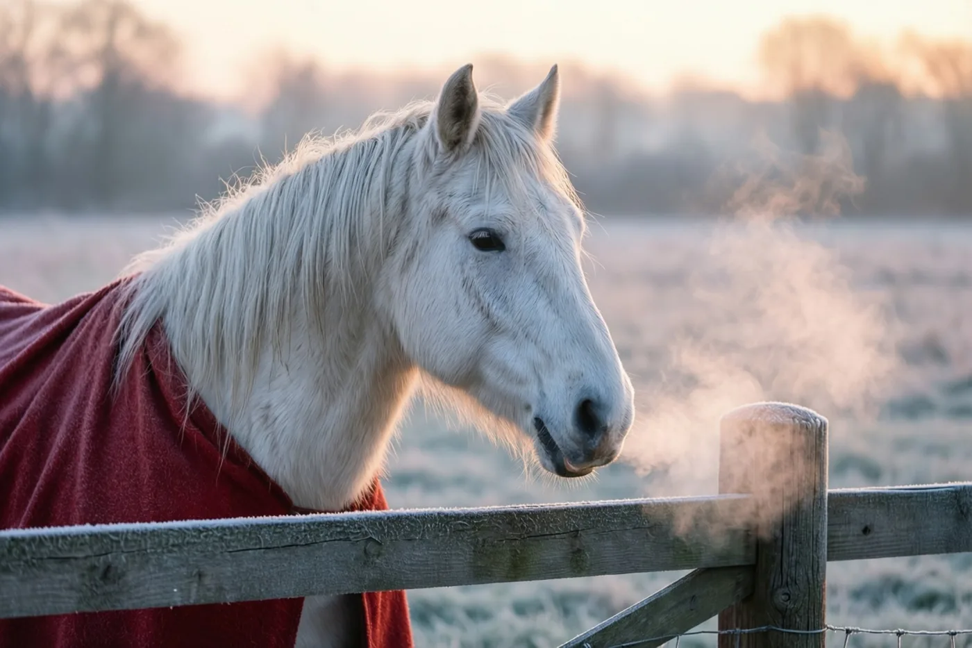 Een wit paard met een rode deken staat bij dageraad achter een houten omheining in een berijpte weide, met zichtbare adem en onscherpe bomen op de achtergrond.