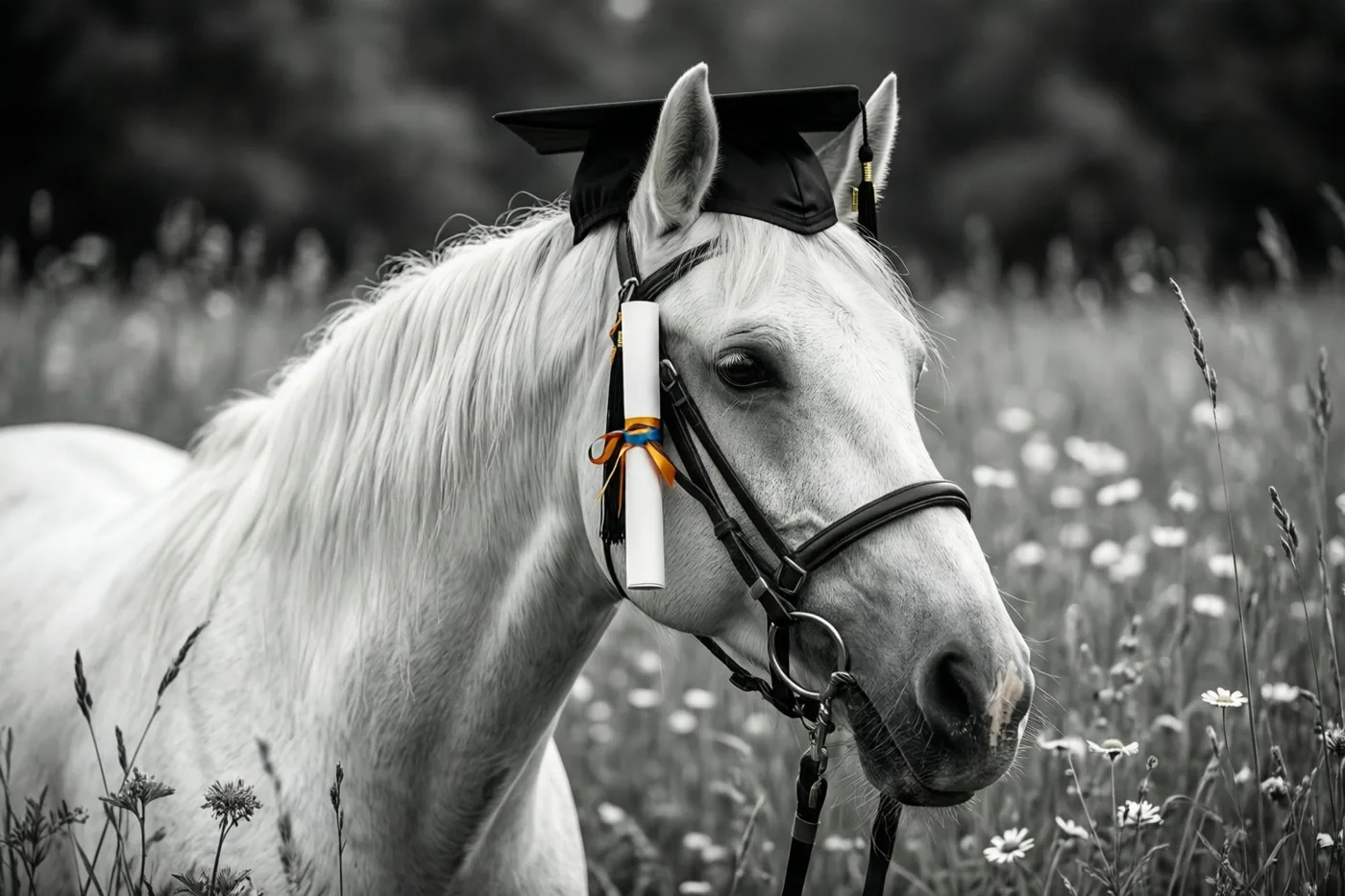 Een wit paard staat met een afstudeerhoed en een diplomalint aan zijn halster in een zomerweide, in zwart-wit met alleen het lint in kleur.