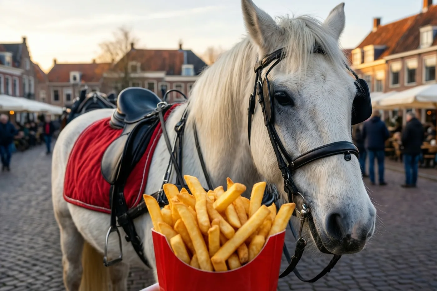 Een wit paard met een rood zadeldek en zwart hoofdstel staat naast een rood bakje frieten op een gekasseid dorpsplein, met gebouwen en mensen onder luifels in goudkleurig licht.
