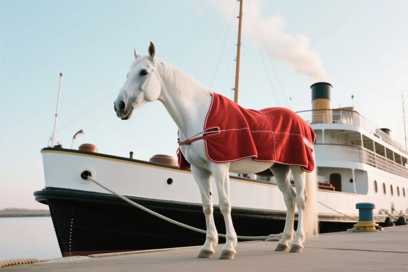 Een wit paard met een rode deken staat op een kade naast een grote stoomboot onder een heldere hemel.