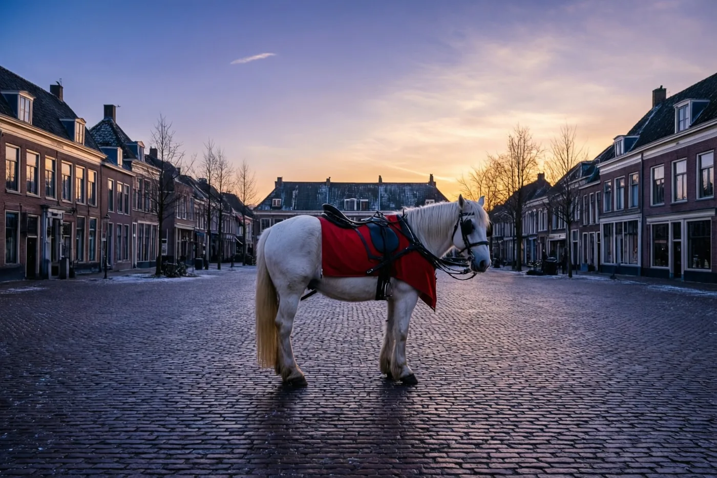 Een wit paard met een rood zadeldek staat op een gekasseid plein tussen traditionele Europese gebouwen, onder een paarsoranje avondhemel.