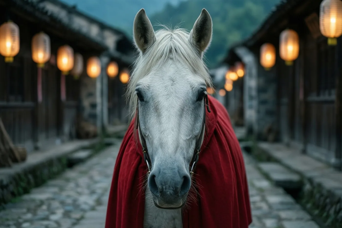 Een wit paard met een rode mantel staat bij valavond in een stenen dorpsstraat met brandende papieren lampionnen langs de gebouwen aan weerszijden.