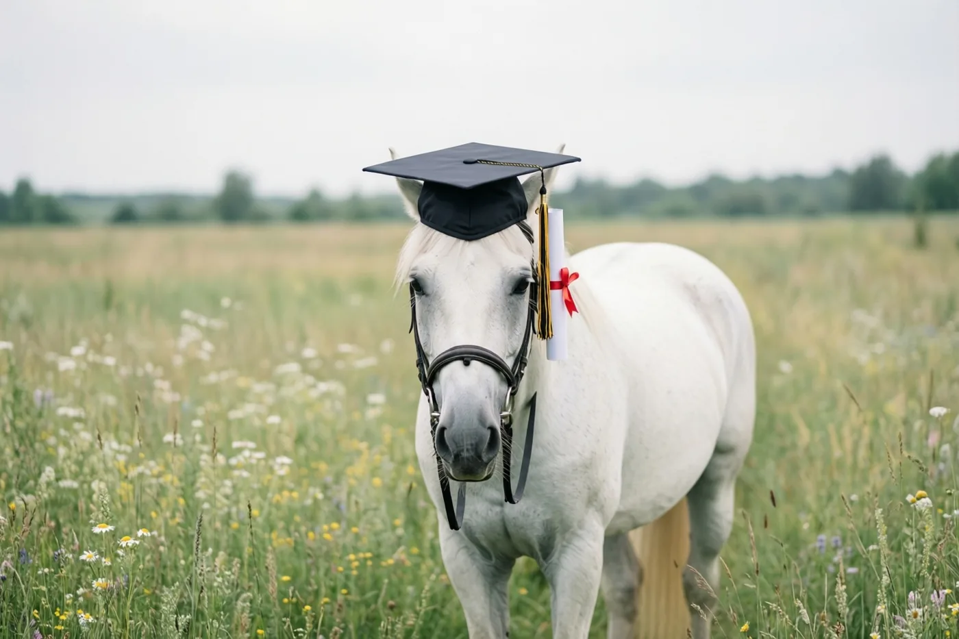 Een wit paard met een afstudeerhoed en een diplomalint aan zijn halster staat in een zomerweide vol wilde bloemen onder een bewolkte lucht.