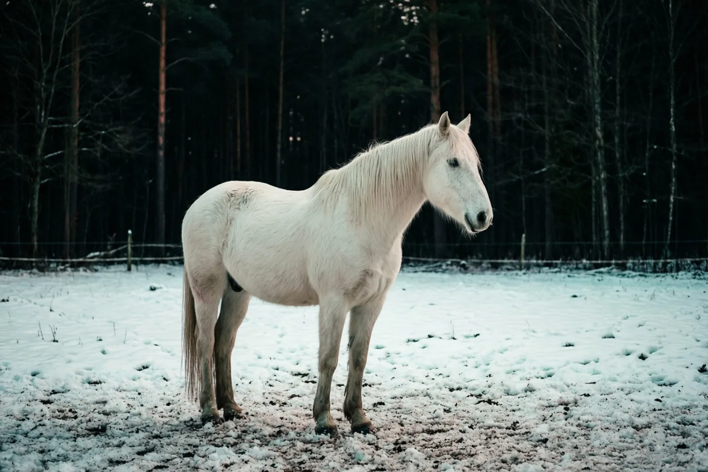 Een wit paard staat naar rechts gericht in een besneeuwde paddock, met donkere bomen op de achtergrond.