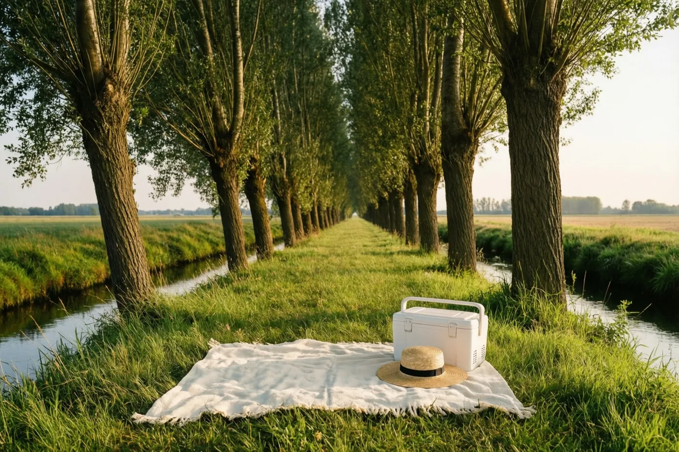 Een wit picknickdeken met een strohoed en een witte koelbox ligt naast een smalle sloot met hoge, slanke knotwilgen onder een nevelige hemel.