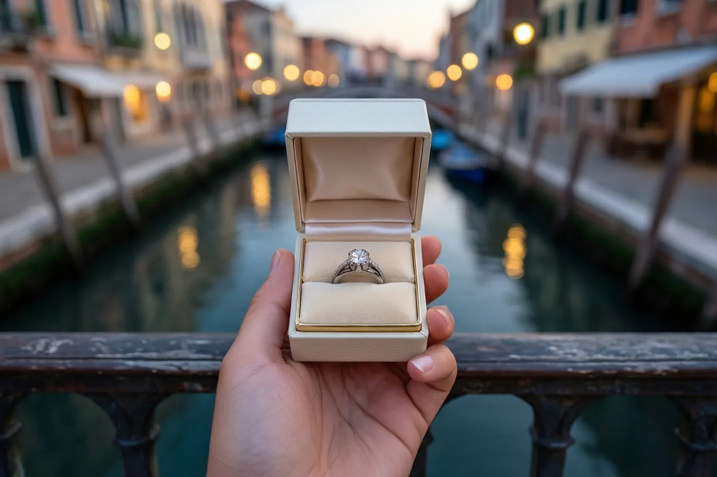 Een hand houdt een open wit doosje met een diamanten verlovingsring boven een brugleuning aan een kanaal, met onscherpe stadslichtjes in de schemering.