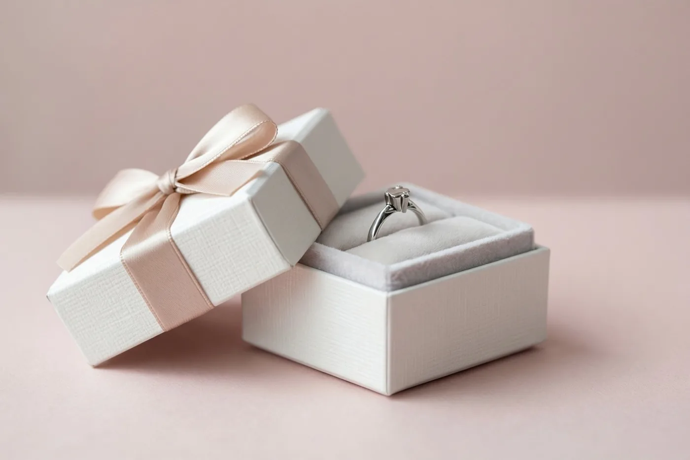 Een open wit geschenkdoosje met een lichtroze satijnen lint bevat een zilveren ring op een zacht kussentje tegen een effen lichtroze achtergrond.