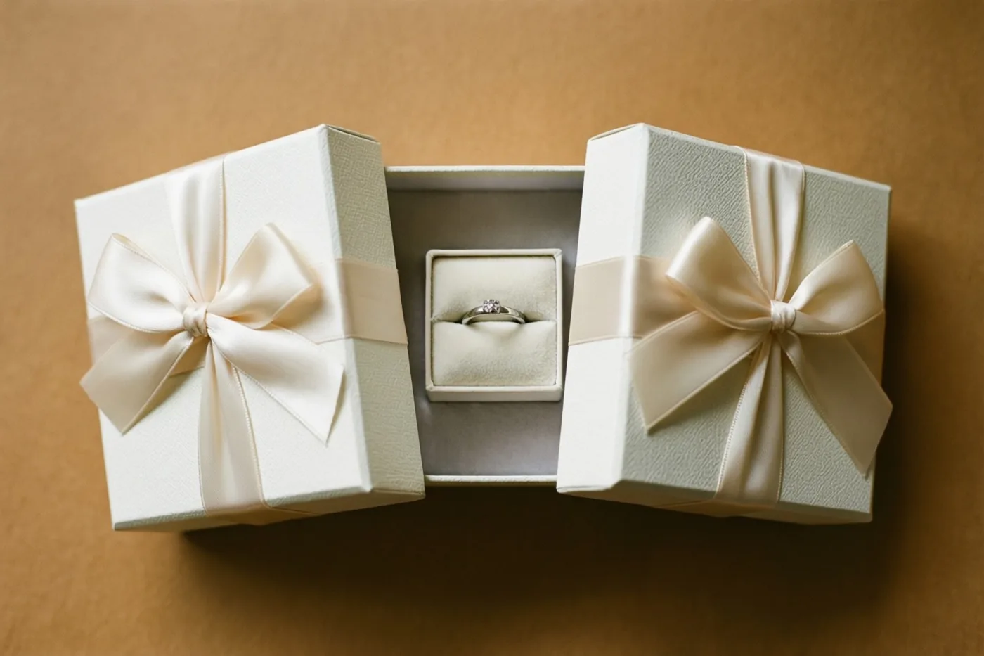 Een open wit geschenkdoosje met satijnen strikken toont een ring in een zacht gevoerd binnendoosje tegen een warme bruine achtergrond in zacht licht.