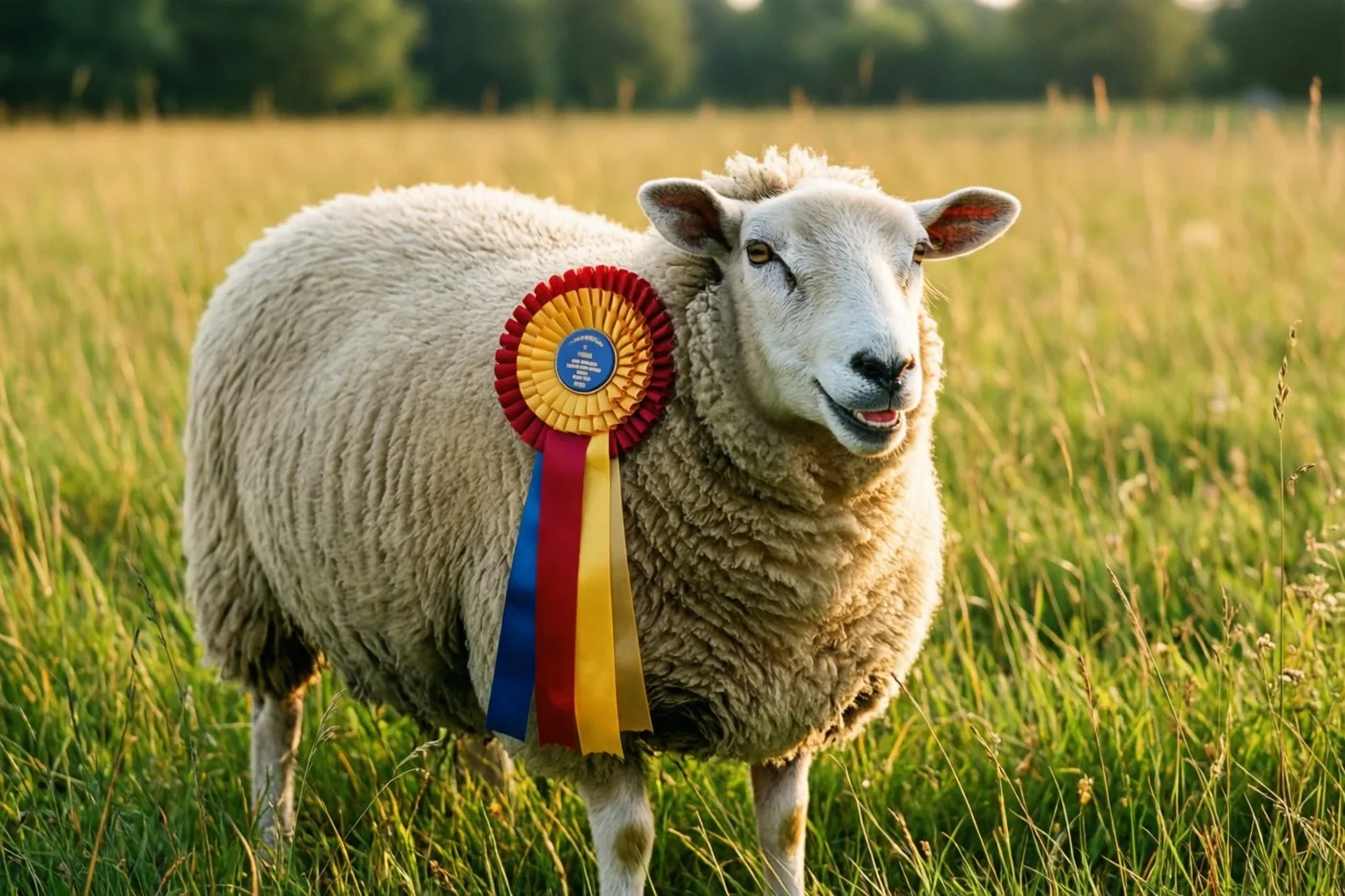Een pluizig wit schaap met een grote rood-gele prijsrozet staat in een zonnige weide in warm goudkleurig licht.