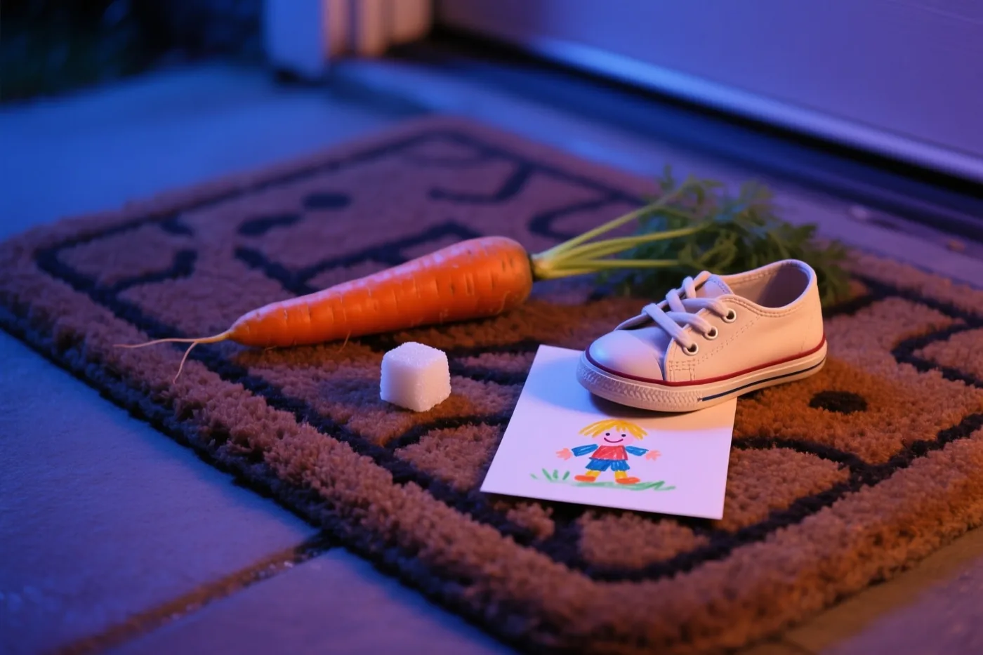 Een witte kinderschoen op een deurmat met patroon bevat een tekening van een figuur met geel haar en rode kleren, met ernaast een wortel en een suikerklontje in blauw en oranje nachtlicht.