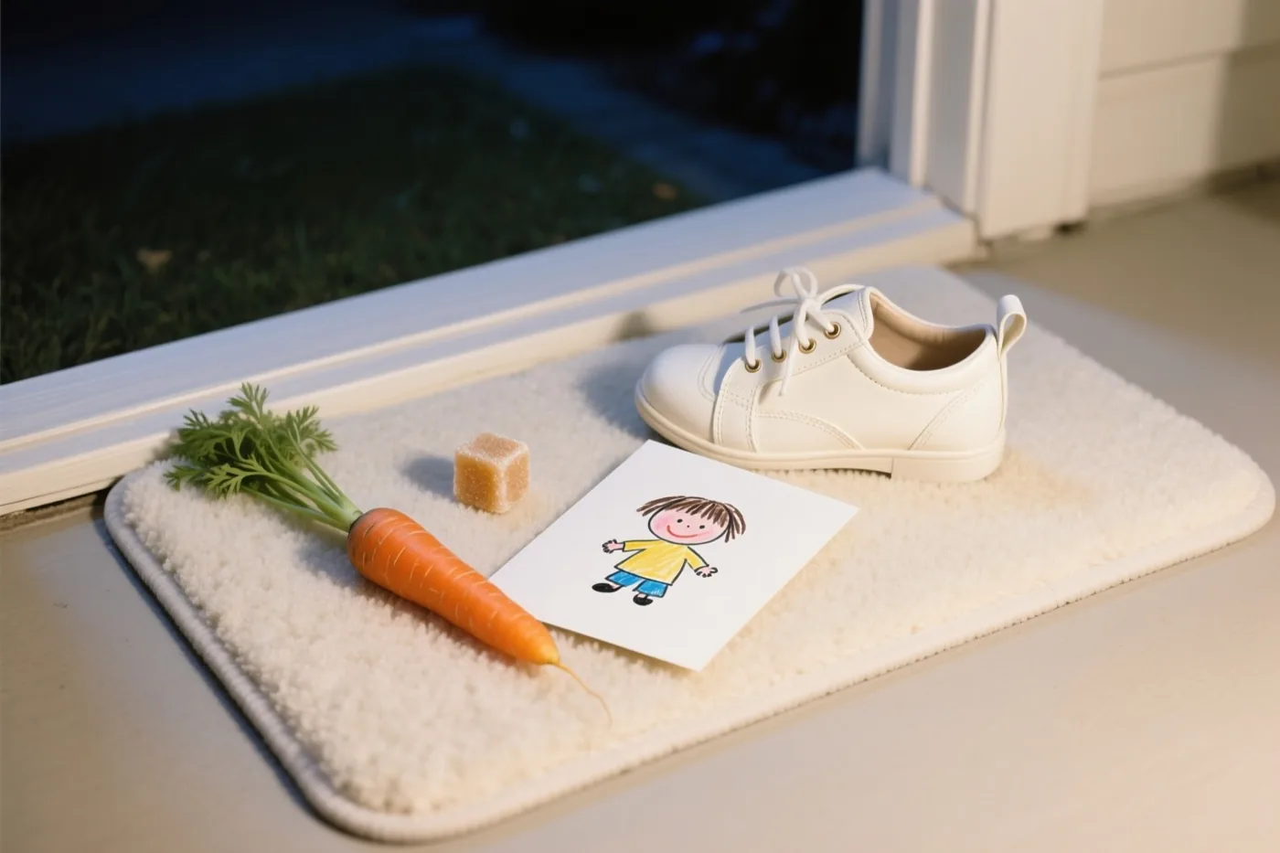 Een witte kinderschoen staat 's nachts op een pluizige witte deurmat naast een wortel, een suikerklontje en een kindertekening, bij een raam met zicht op gras.