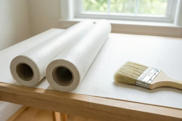 Twee rollen wit behang met structuur en een verfborstel liggen op een lichte houten tafel bij een raam met helder daglicht.