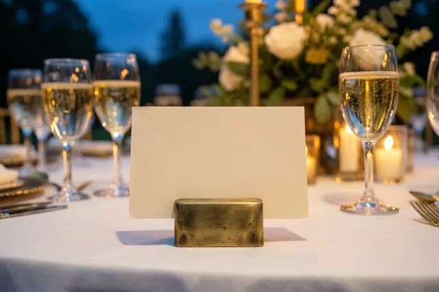 Een blanco wit tafelkaartje staat in een messing houder op een wit tafelkleed tussen champagneglazen en kaarslicht, met bloemstukken op de achtergrond.
