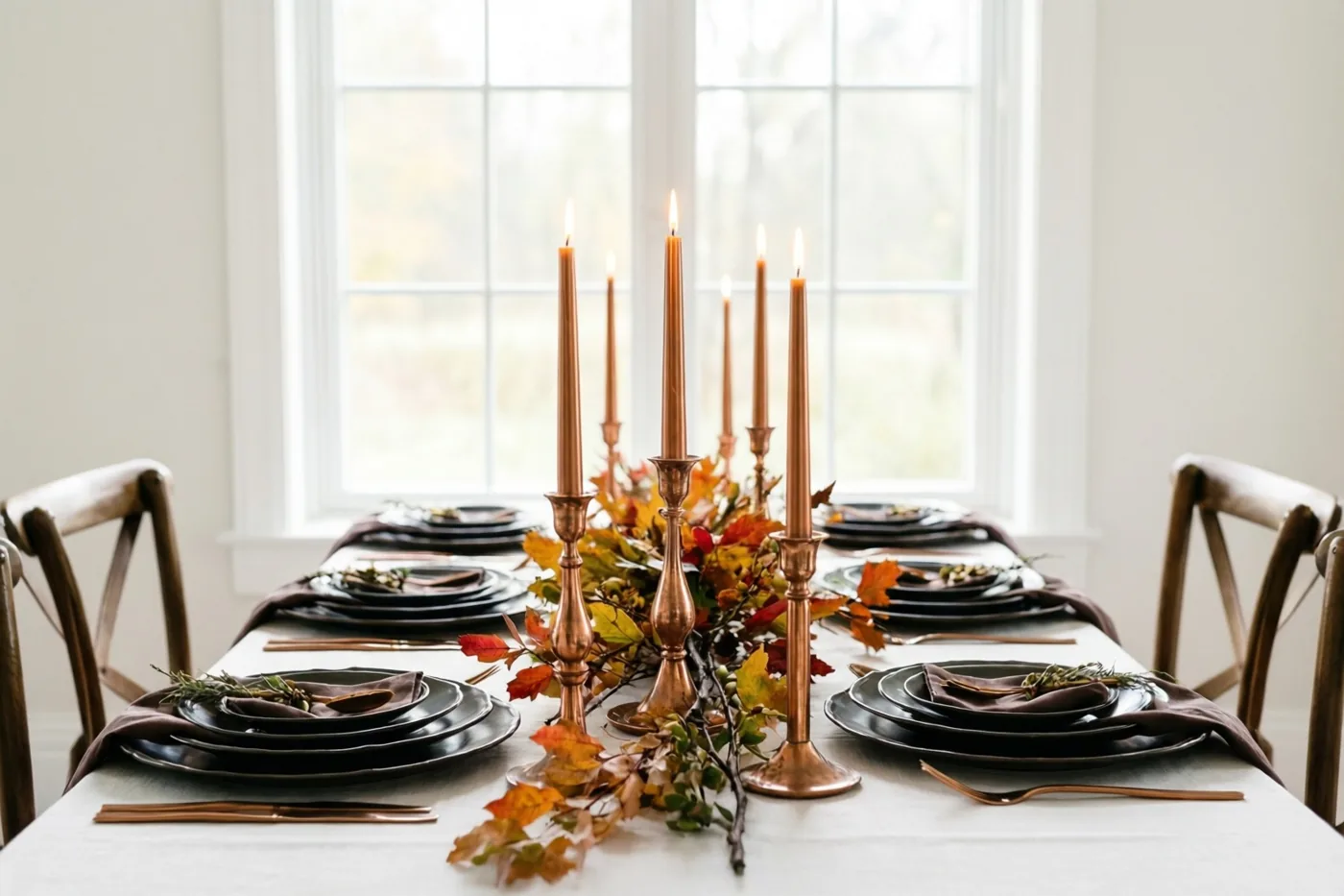 Een tafel voor een groot raam is gedekt met een wit tafelkleed, donkere borden, bruine servetten, koperen bestek, brandende kaarsen in koperen kandelaars en herfsttakken.